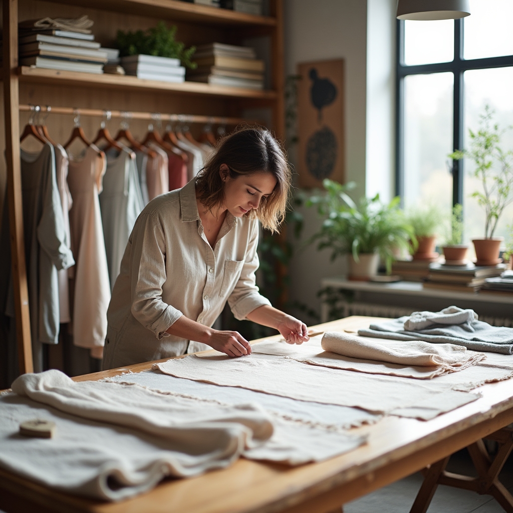 The Loomward workspace showing fabric swatches and dress samples in a Portland studio