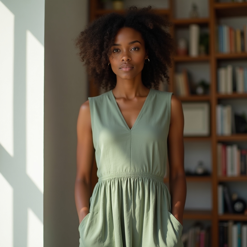 Woman wearing a well-fitted midi dress showing natural waistline and hem placement
