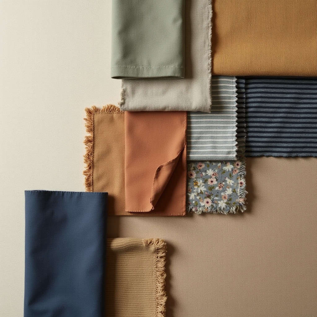 Array of fabric swatches including linen, cotton and jersey in neutral and earthy tones