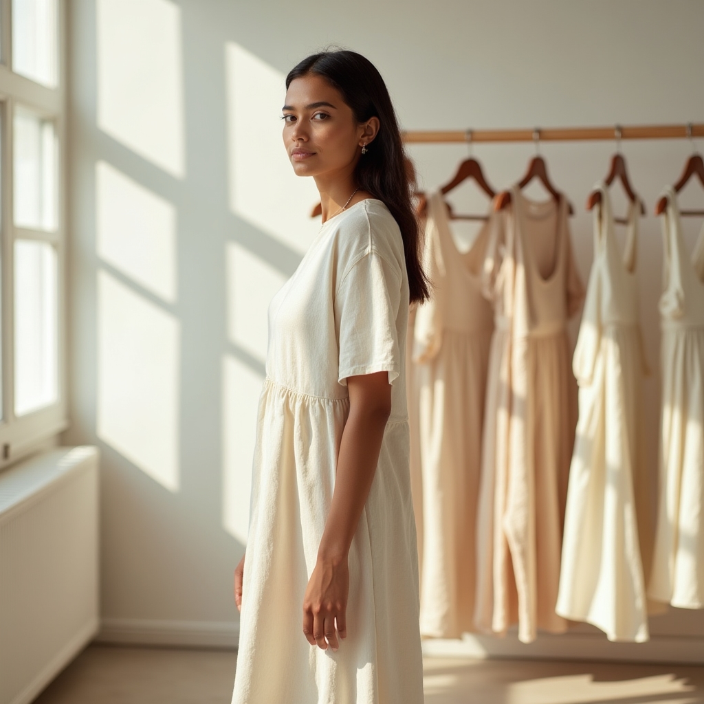 Women's casual dress collection displayed in a bright, airy studio setting