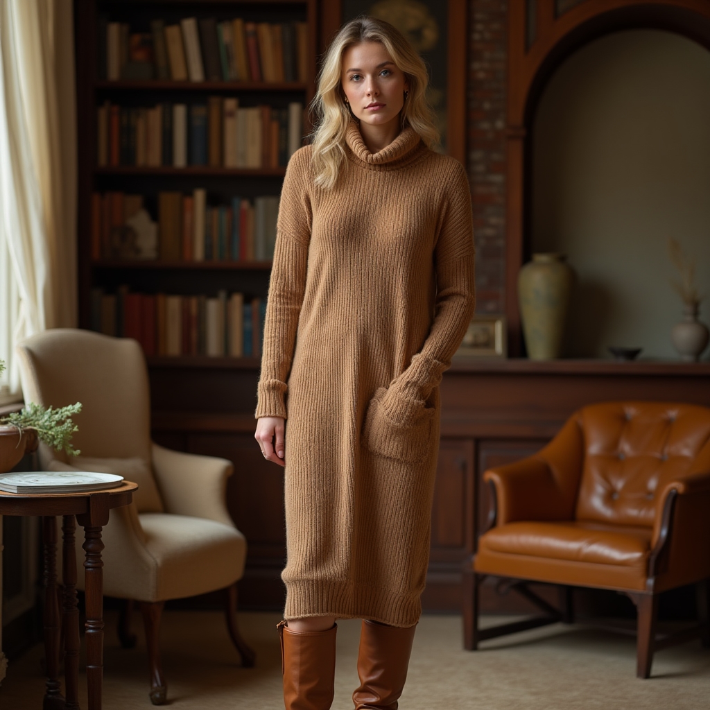 Fine knit sweater dress in warm camel with ribbed hem and relaxed turtleneck