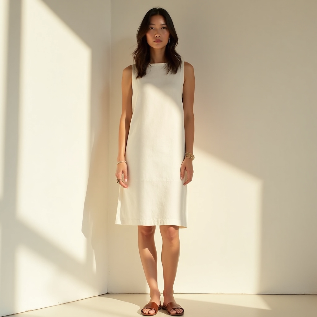 Relaxed linen shift dress in natural oat color, sleeveless with clean neckline