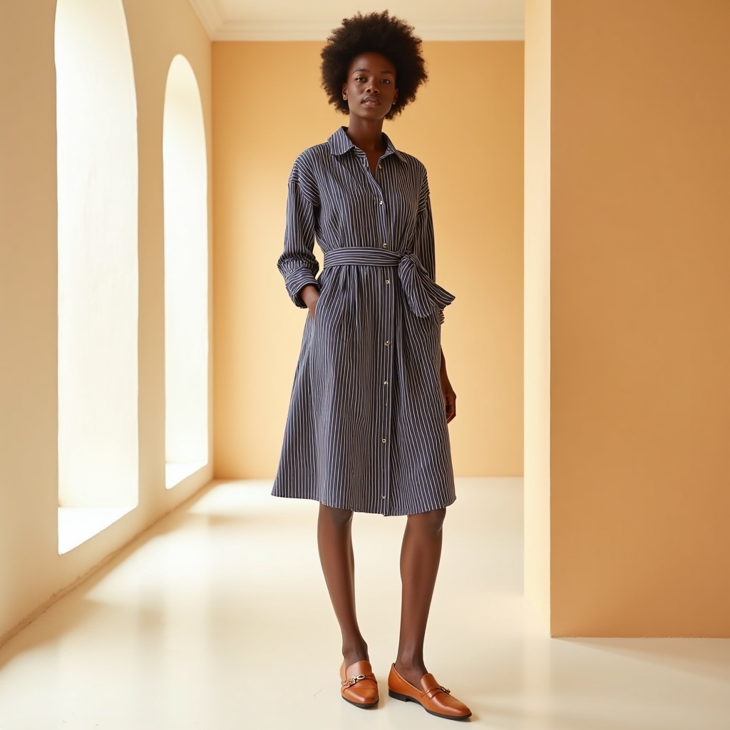 Classic stripe shirt dress in navy and cream with button front and belted waist