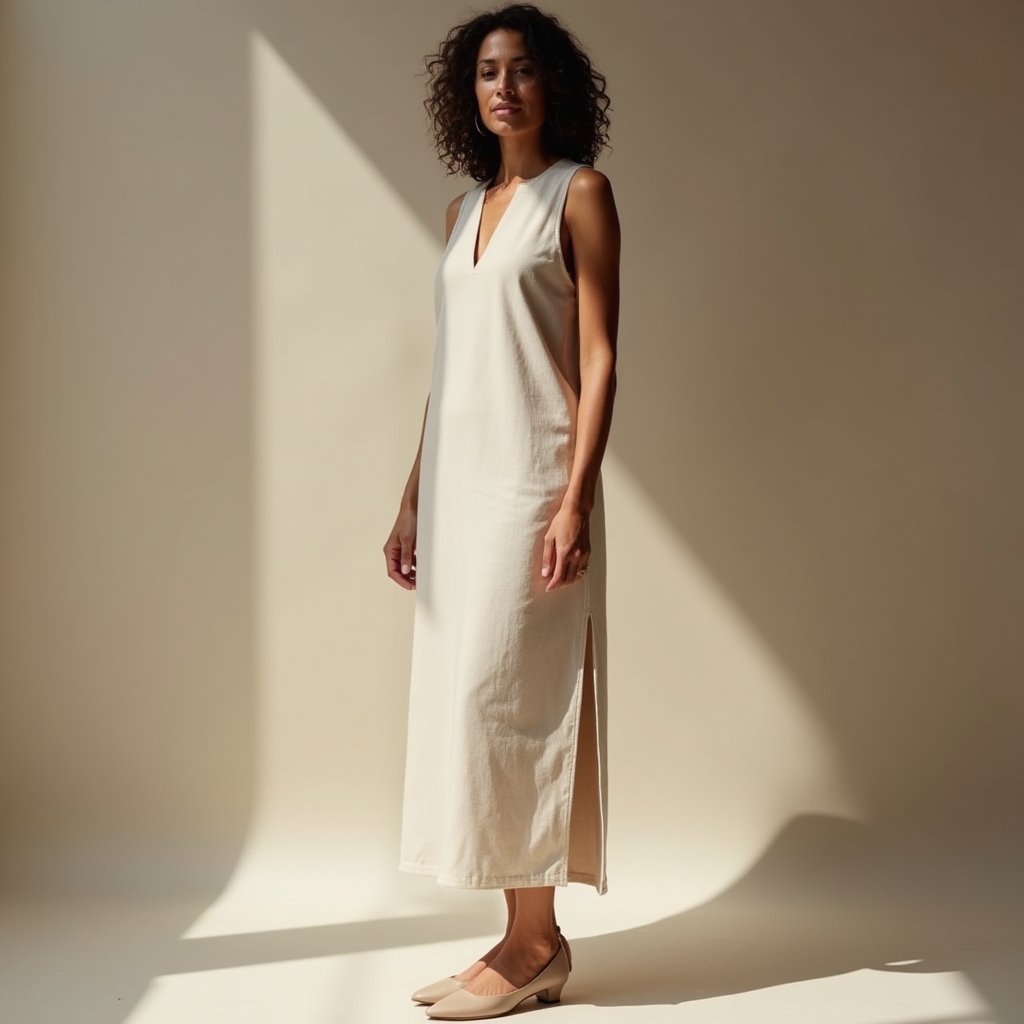 Sleeveless column dress in warm stone linen with side slit and clean neckline