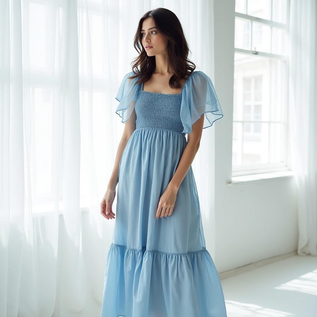Smocked bodice dress in dusty blue with flutter sleeves and tiered skirt