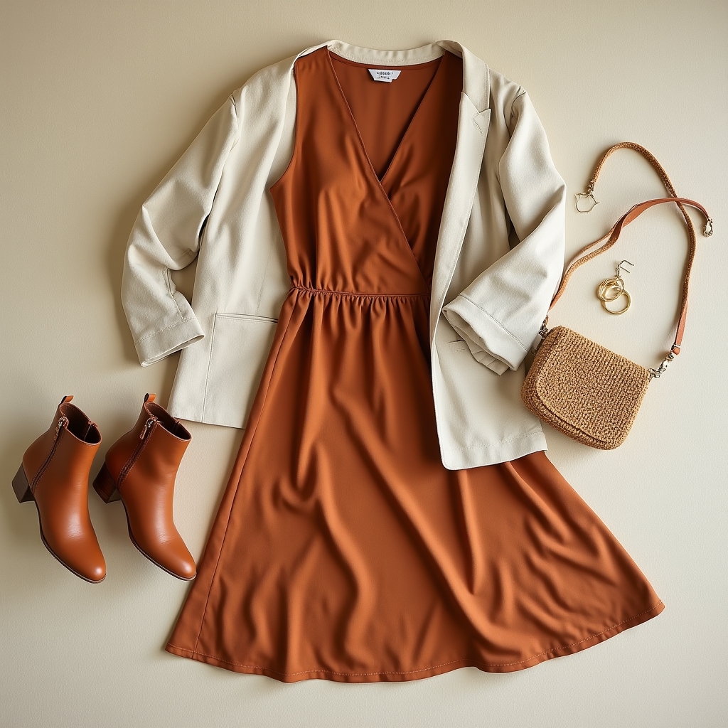 Flat lay product styling showing dress with accessories and footwear pairing suggestions
