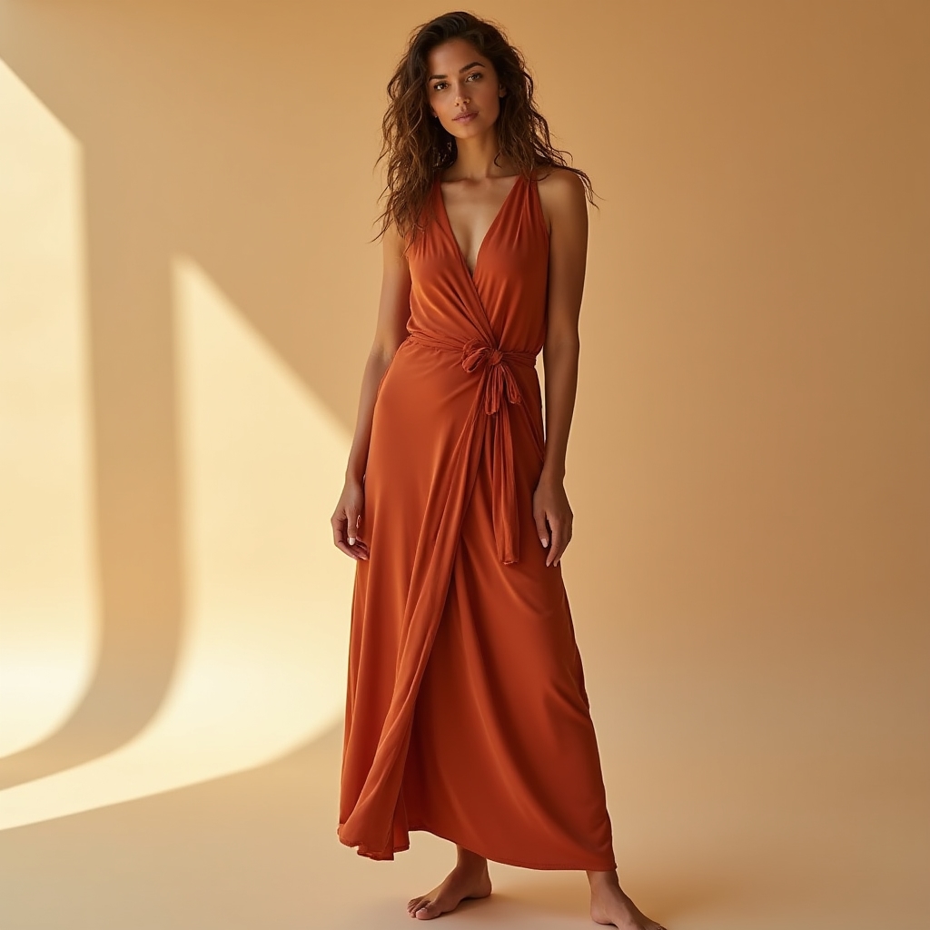Soft jersey wrap dress in deep terracotta with adjustable tie waist